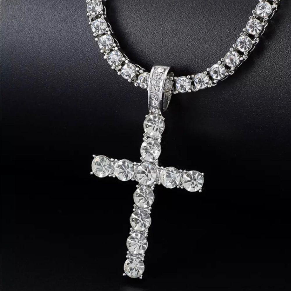 Cross Pendant Necklace with 4mm Tennis Chain Iced  Necklace Jewelry Silver chain - Picture 6 of 8